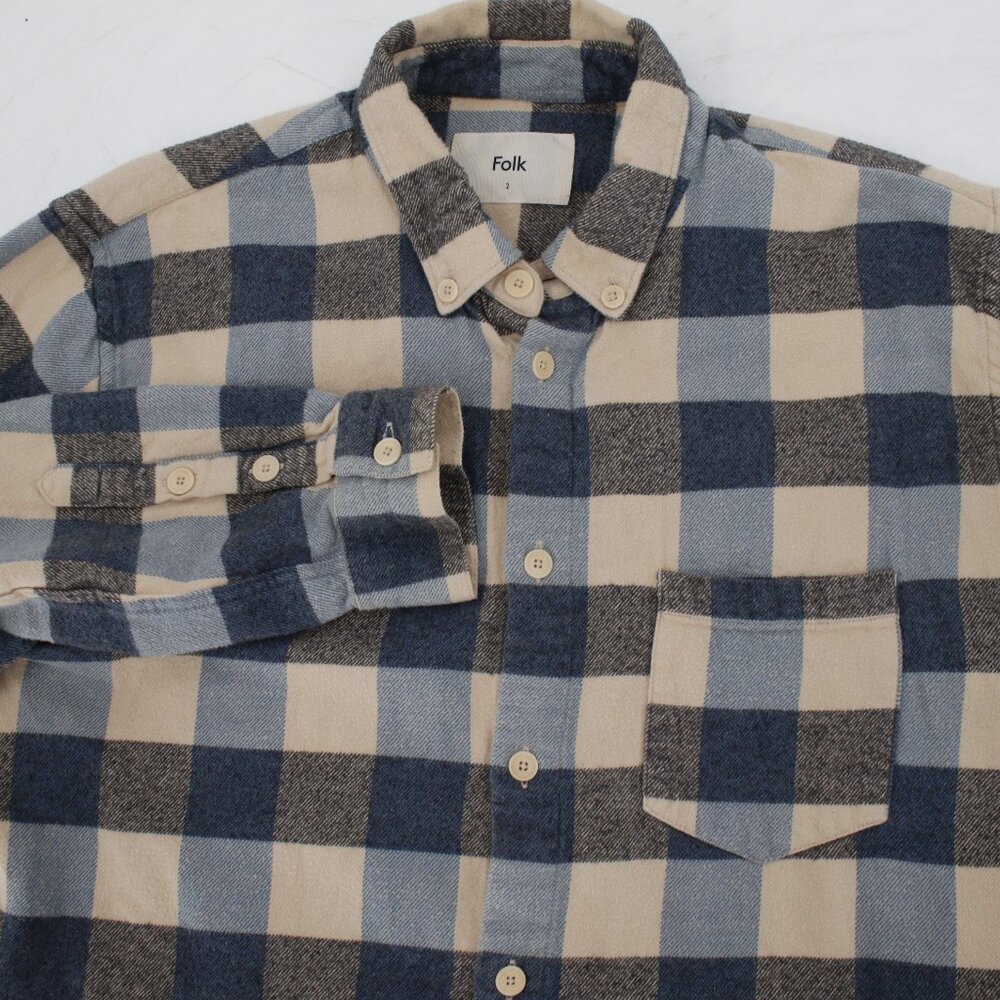 FOLK flannel shirt men's 2 long sleeve button down plaid cotton one pocket